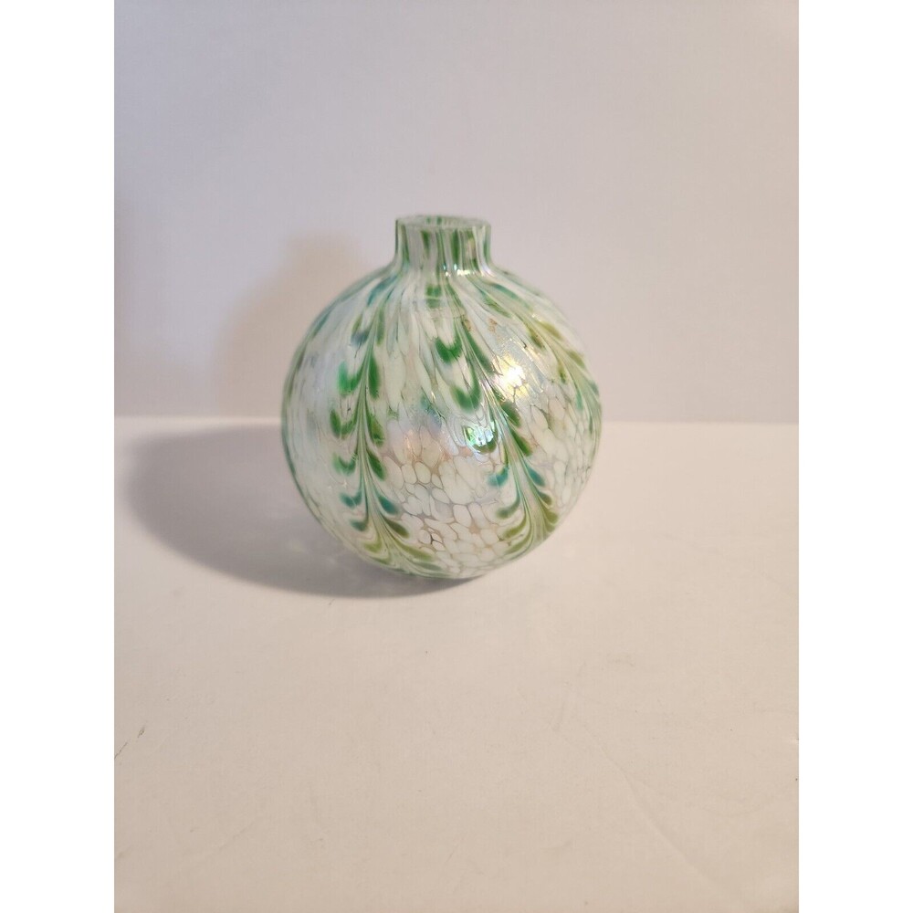 Traditions Hand Blown Glass Sm Vase Round Green Irridesent Hand Blown Beautiful